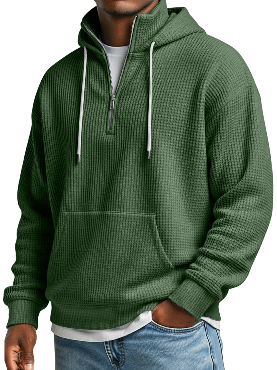 Men's Waffle Collar Zipper Casual Loose Hooded Sweatshirt