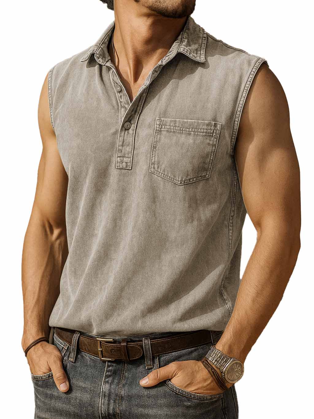 Men's Fashion Retro Distressed Pocket Lapel Sleeveless Polo Shirt 