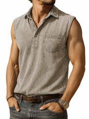 Men's Fashion Retro Distressed Pocket Lapel Sleeveless Polo Shirt 