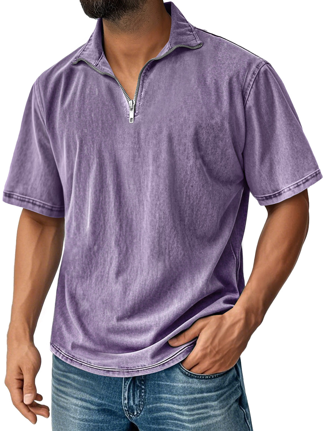 Men's Retro Stand Collar Zipper Casual Solid Color Short Sleeve T-shirt