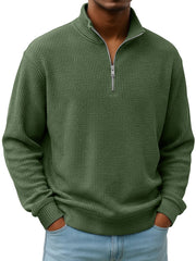 Simple Everyday Waffle Stand-up Collar Zipper Casual Long-sleeved T-shirt