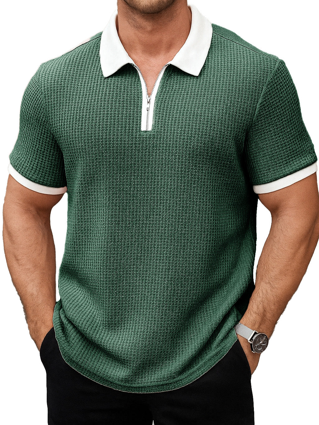 Men's Daily Casual Patchwork Waffle Fabric Lapel Short-sleeved Polo Shirt 