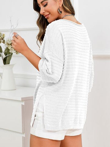 Women's Rolled Round Neck Dropped Shoulder Slit Sweater