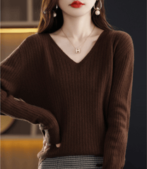 Women's V-Neck Pullover Long Sleeve Solid Color Cashmere Sweater