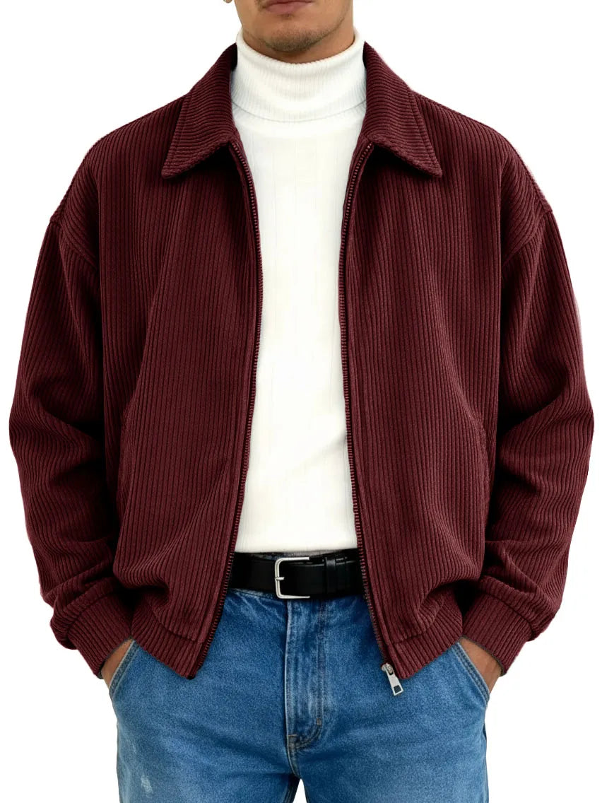 Men's Stylish Vintage Ribbed Fabric Long-sleeved Lapel Motorcycle Jacket