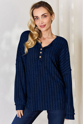 Women's Basic Bae Full Size Ribbed Half Button Long Sleeve T-Shirt
