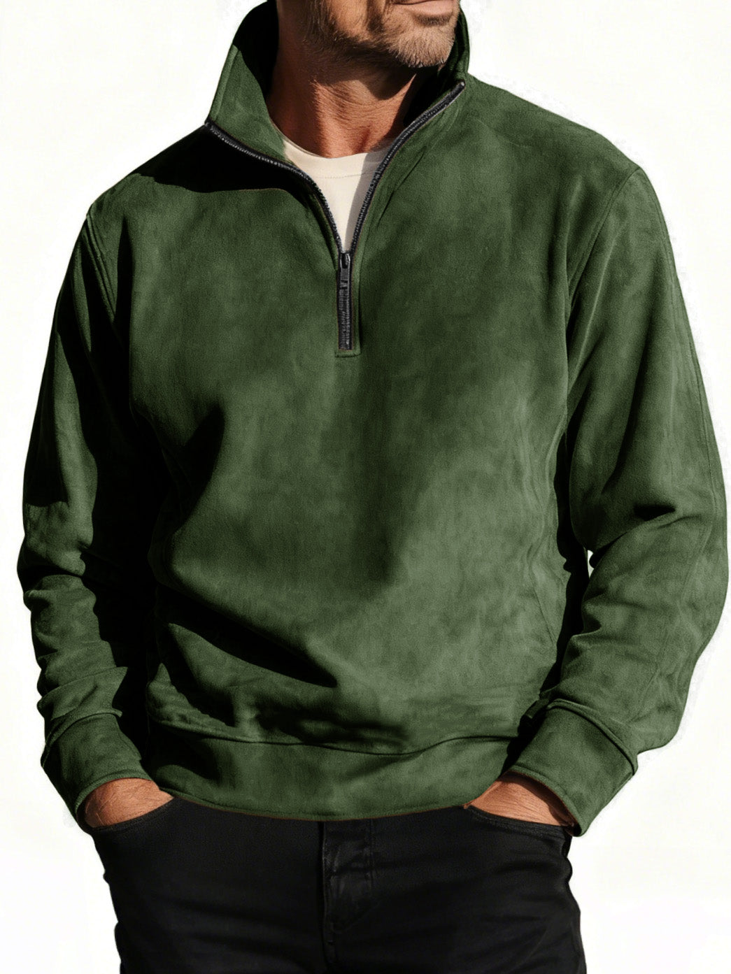 Men's Stylish Casual Suede Fabric Stand-up Collar Half-zip Long-sleeved Sweatshirt 