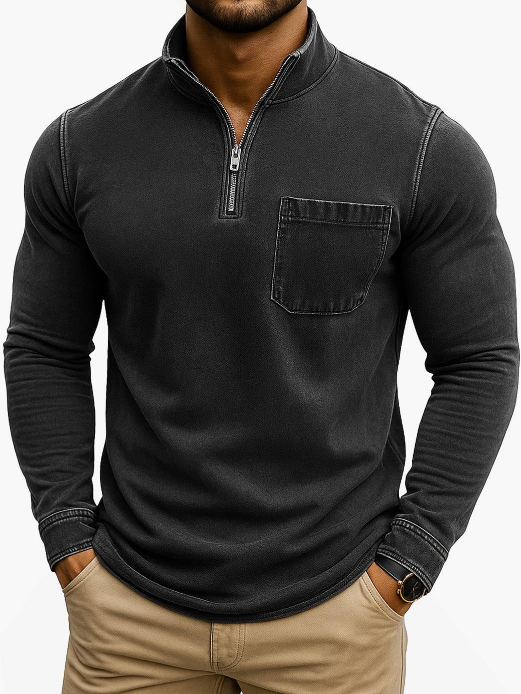 Men's Retro Casual Washed Distressed Quarter Zip Pocket Long Sleeve T-Shirt