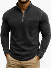 Men's Retro Casual Washed Distressed Quarter Zip Pocket Long Sleeve T-Shirt