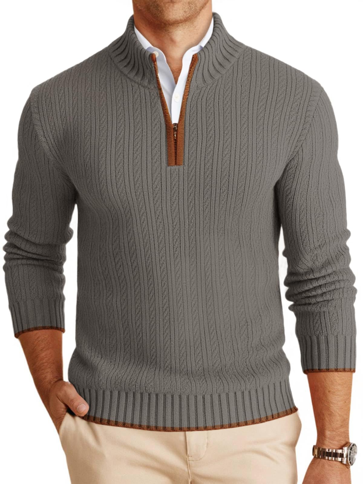 Mens Quarter-Zip Pullover Sweater Casual Mock Neck Knitted Winter Warm Ribbed Polo Sweater