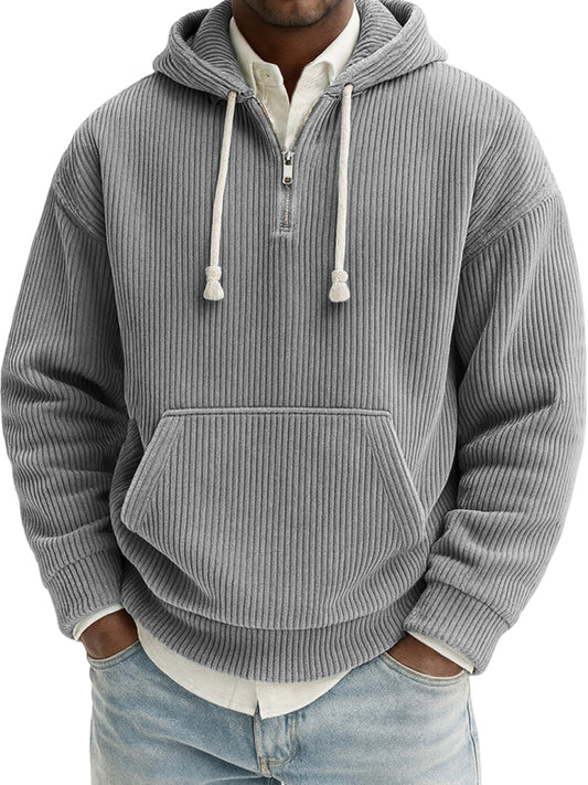 Men's Stylish Quarter-zip Corduroy Ribbed Casual Pullover Hooded Sweatshirt