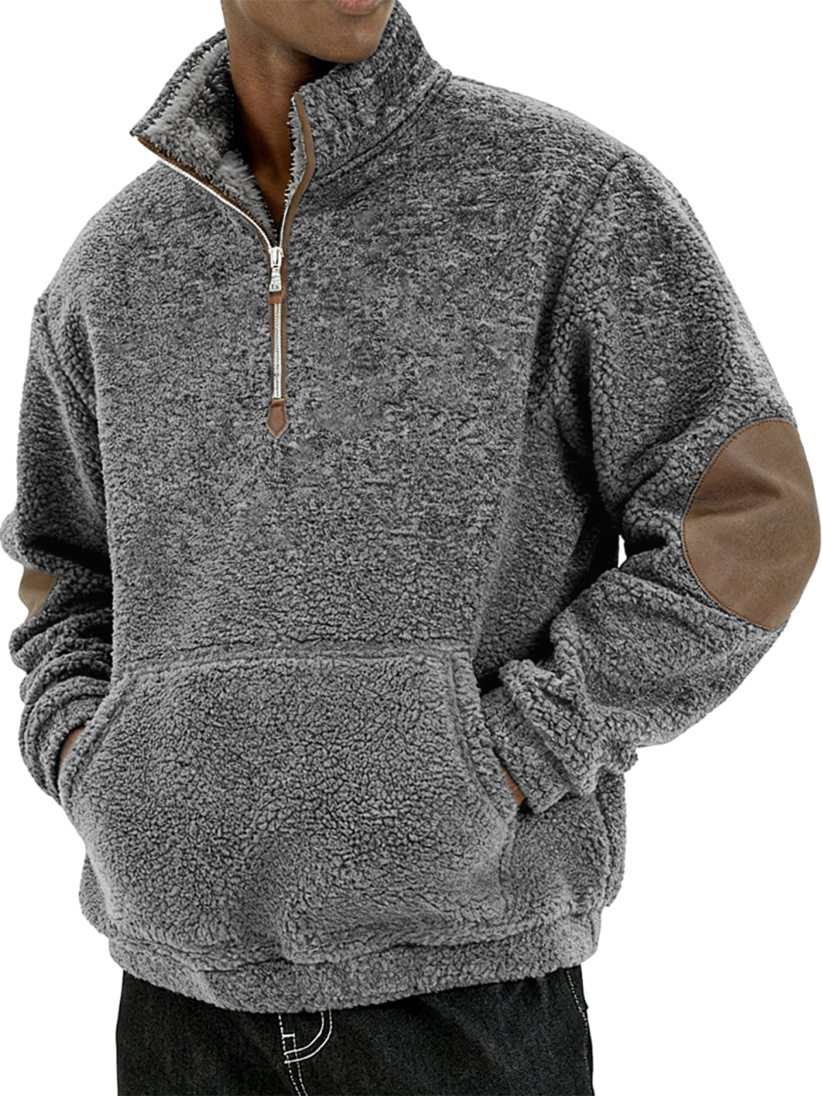 Men's Sherpa Cozy and Stylish Half - Zip Pullover with Elbow Patches
