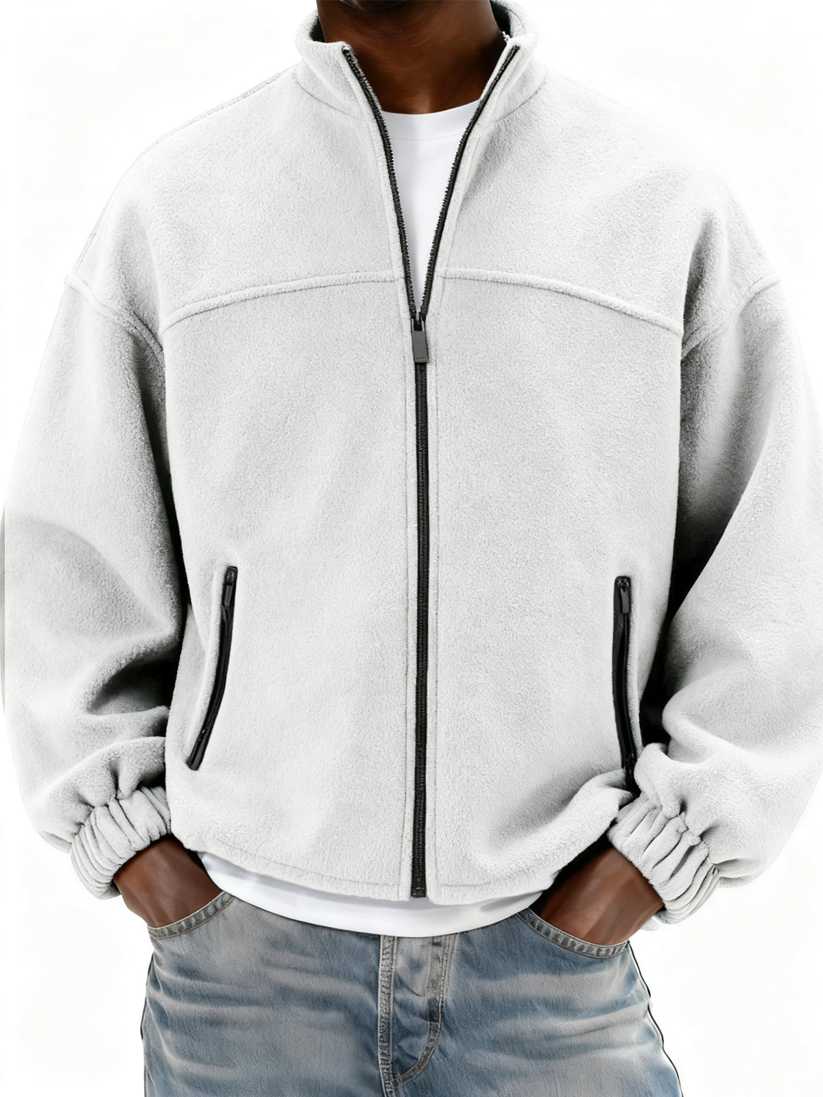 Men's Fleece Full Zip Stand Collar Jacket with Side Pockets