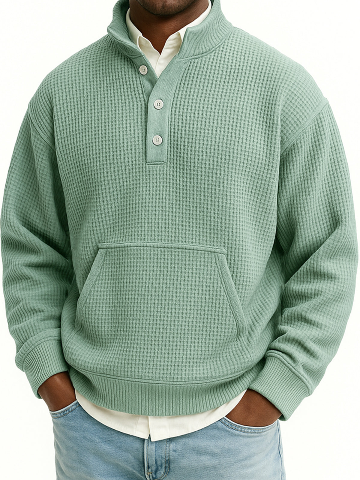 Men's Waffle Quarter Zip Stand Collar Sweatshirt with Kangaroo Pockets