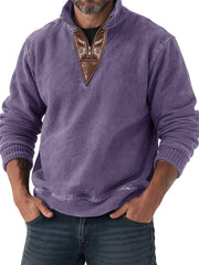Men's Vintage Casual Patchwork Half-zip Stand-up Collar Casual Sweatshirt