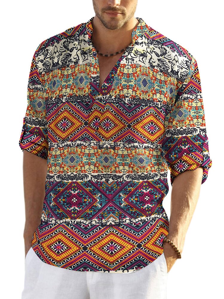 Cotton Linen Floral Henley Shirt