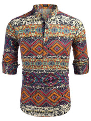 Cotton Linen Floral Henley Shirt