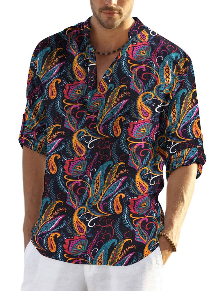 Cotton Linen Floral Henley Shirt