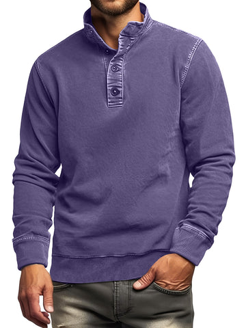 Men's Retro Casual Stand Collar Button Solid Color Sweatshirt