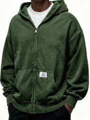Heavyweight Hooded Full-zip Cardigan Sweatshirt with Kangaroo Pocket and Label