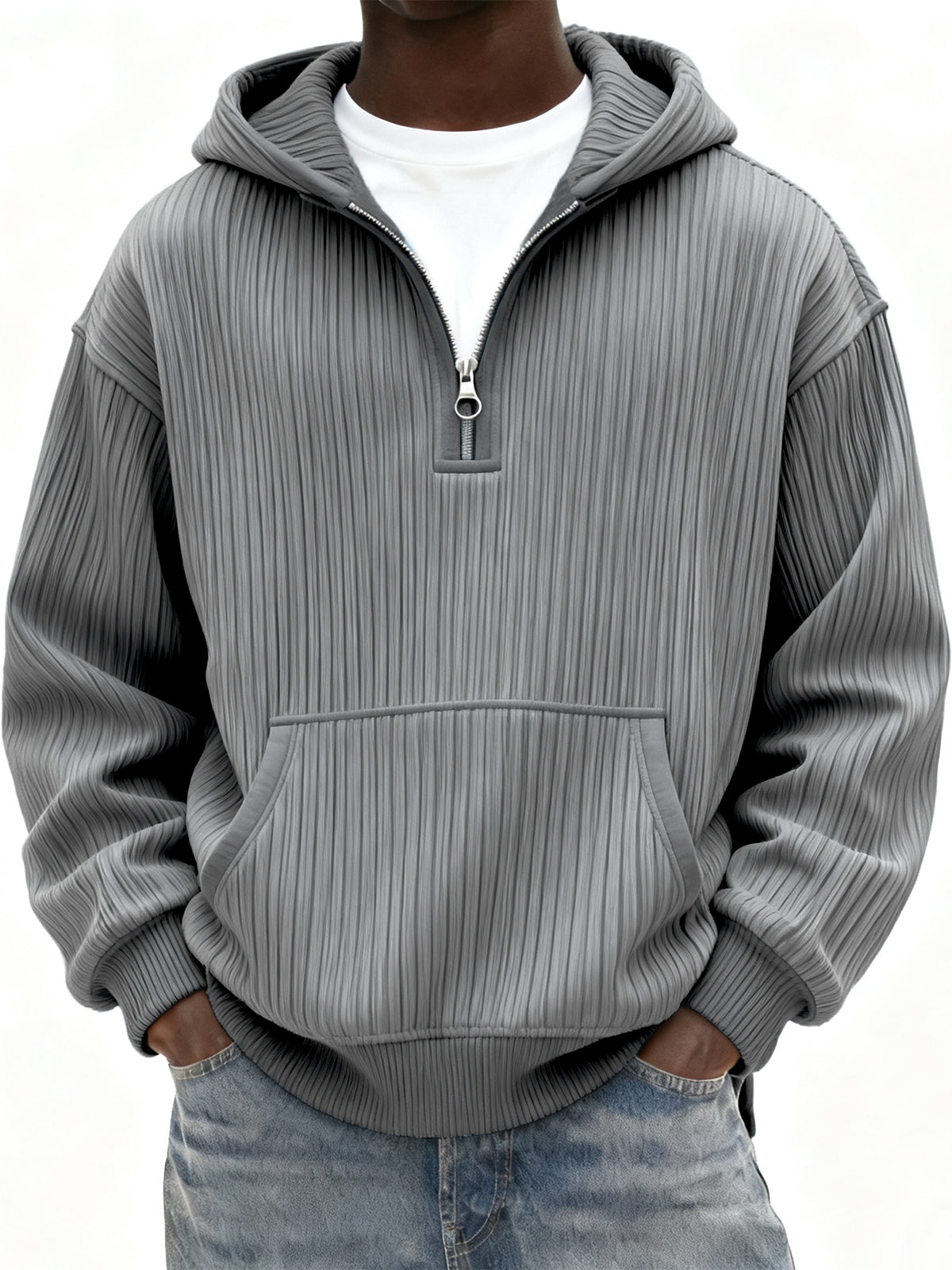 Men's Ribbed Quarter Zip Hoodie with Kangaroo Pocket