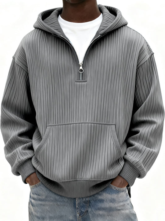 Men's Ribbed Quarter Zip Hoodie with Kangaroo Pocket