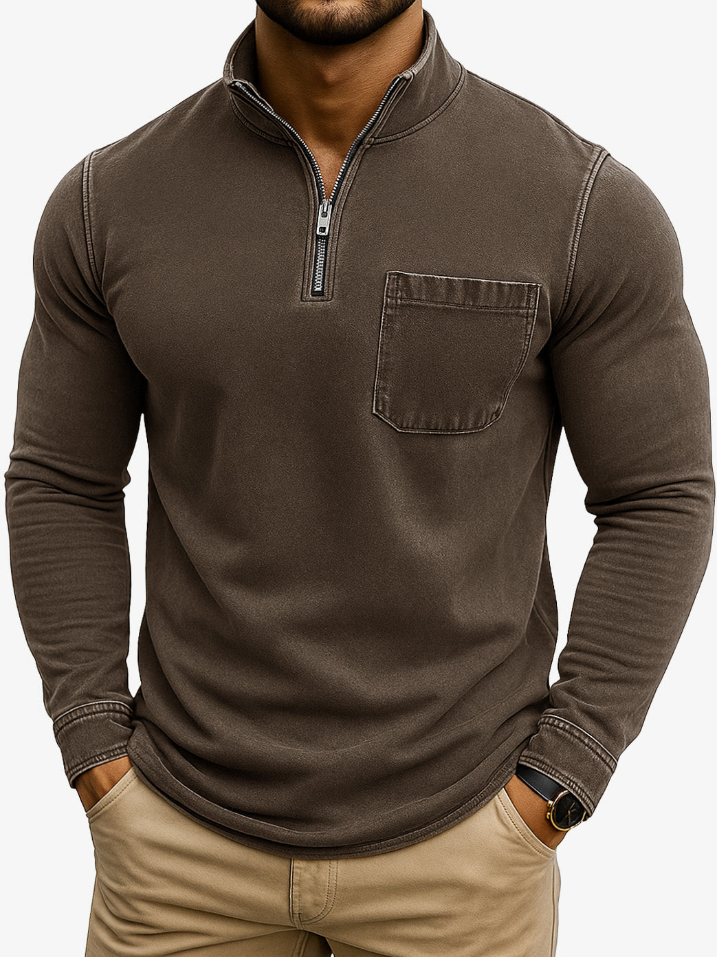 Men's Retro Casual Washed Distressed Quarter Zip Pocket Long Sleeve T-Shirt