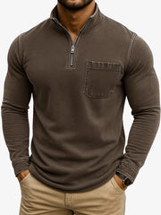 Men's Retro Casual Washed Distressed Quarter Zip Pocket Long Sleeve T-Shirt
