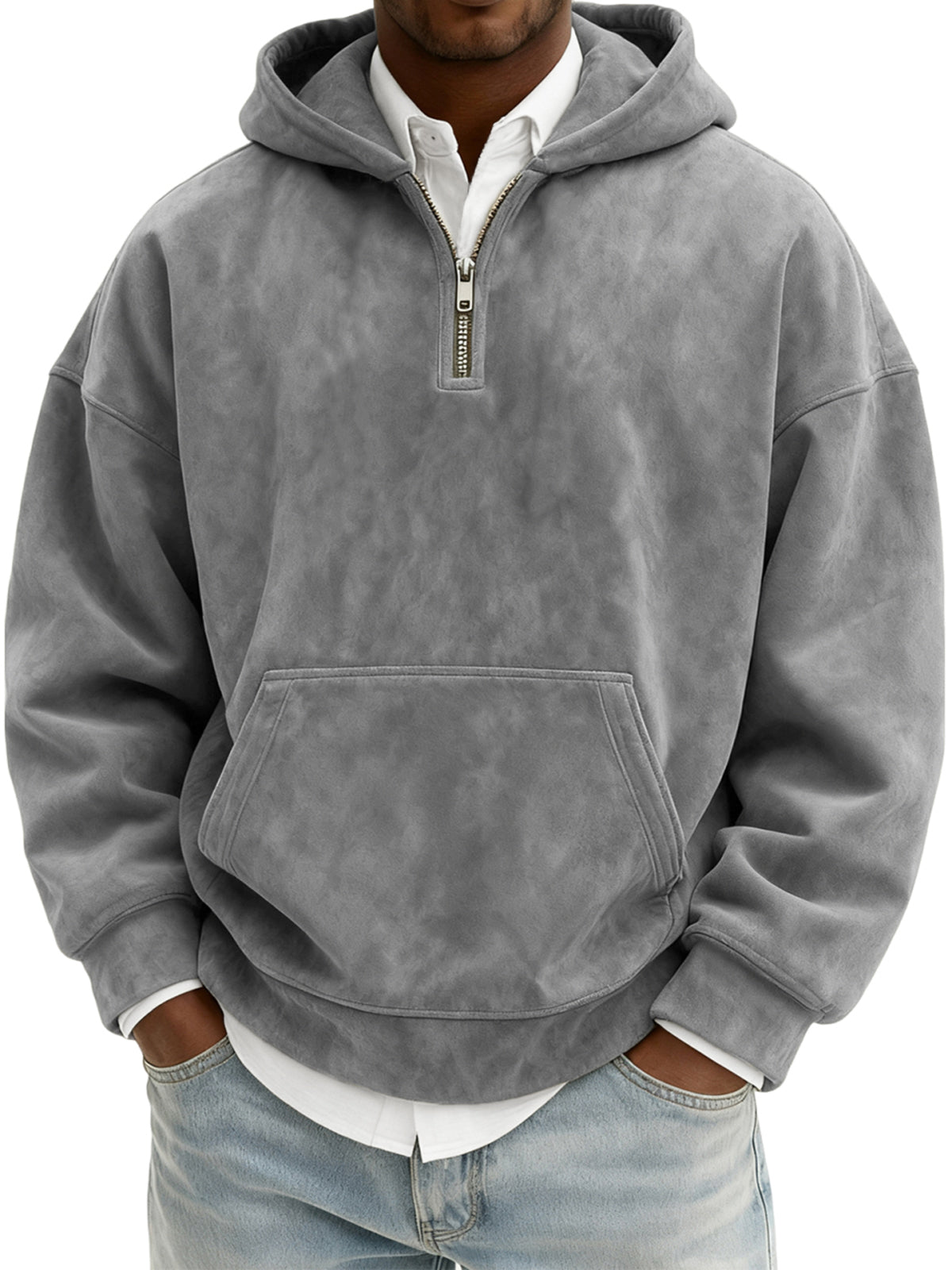 Men's Vintage Suede Quarter-Zip Hooded Sweatshirt with Kangaroo Pocket