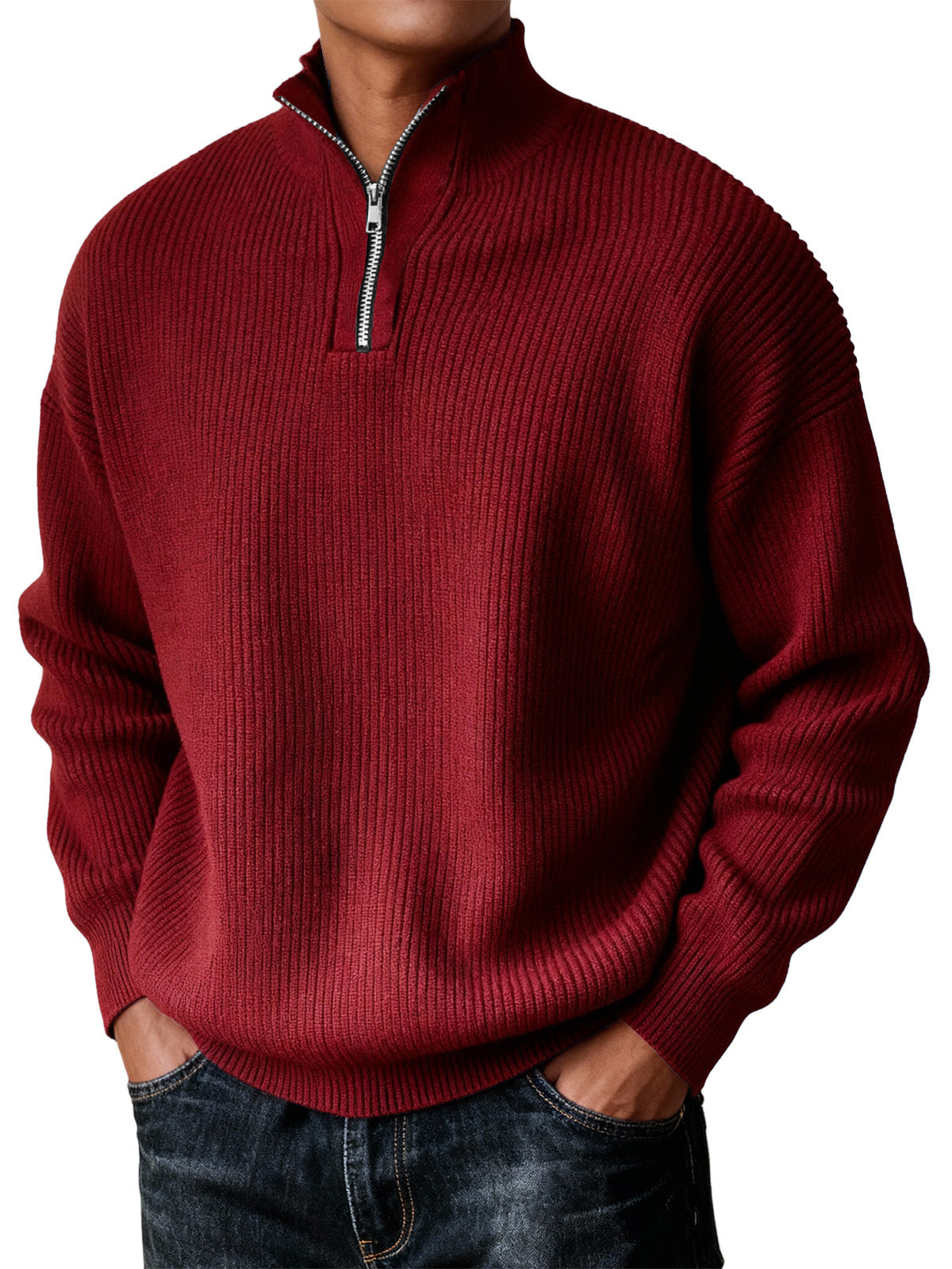 Men's Simple Zipper Turtleneck Casual Knitted Sweater Christmas and New Year Sweater