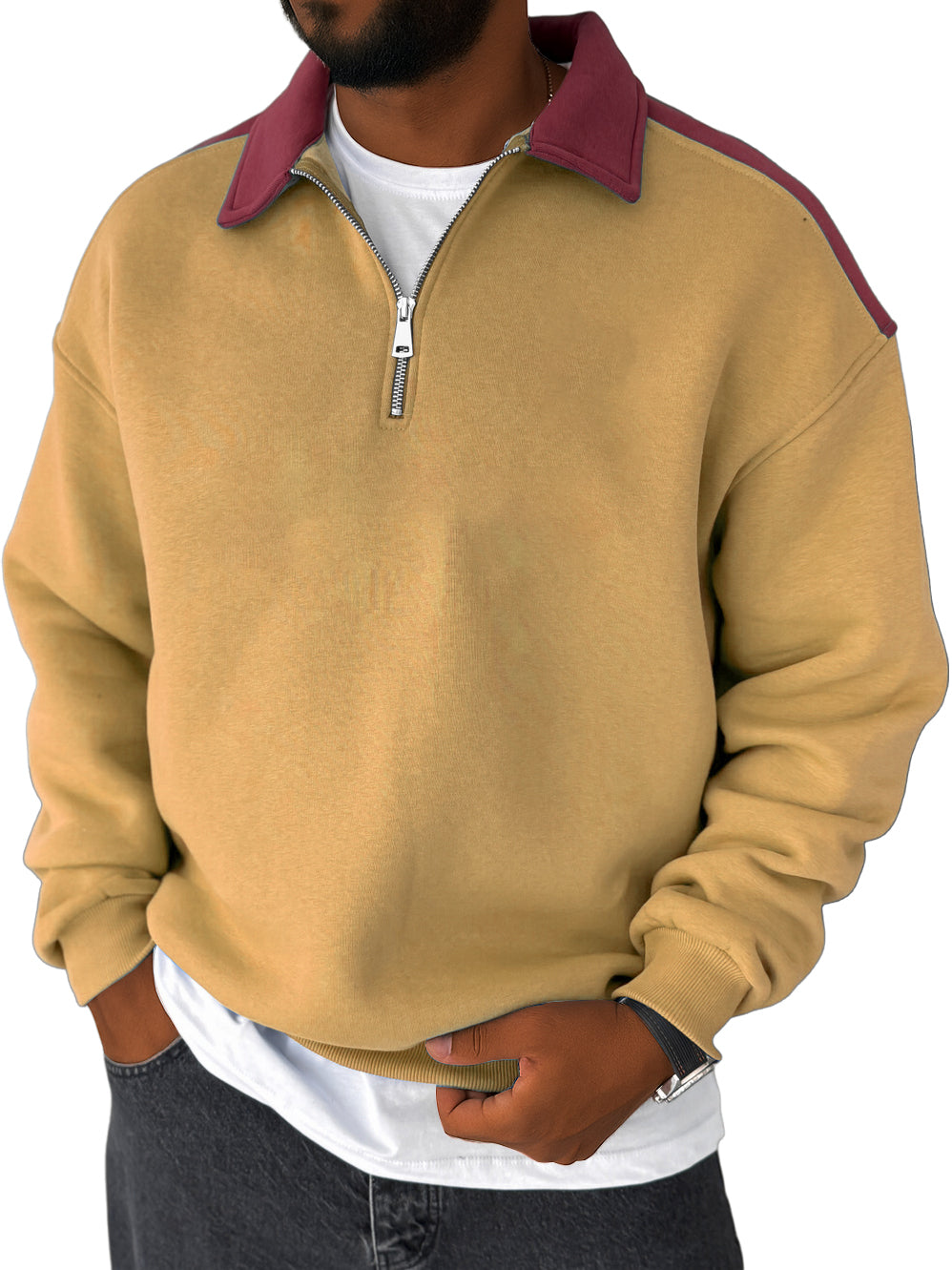 Men's Lapel Contrast Color Casual Loose Quarter Zip Sweatshirt