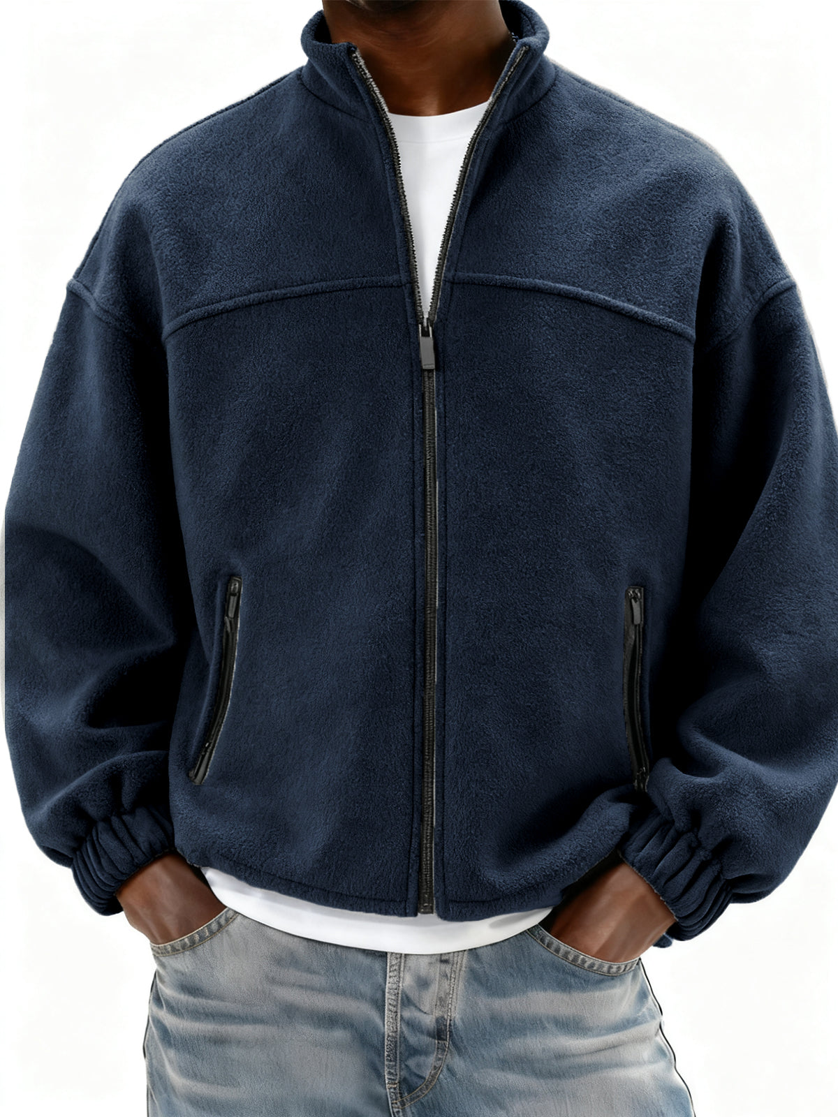 Men's Fleece Full Zip Stand Collar Jacket with Side Pockets