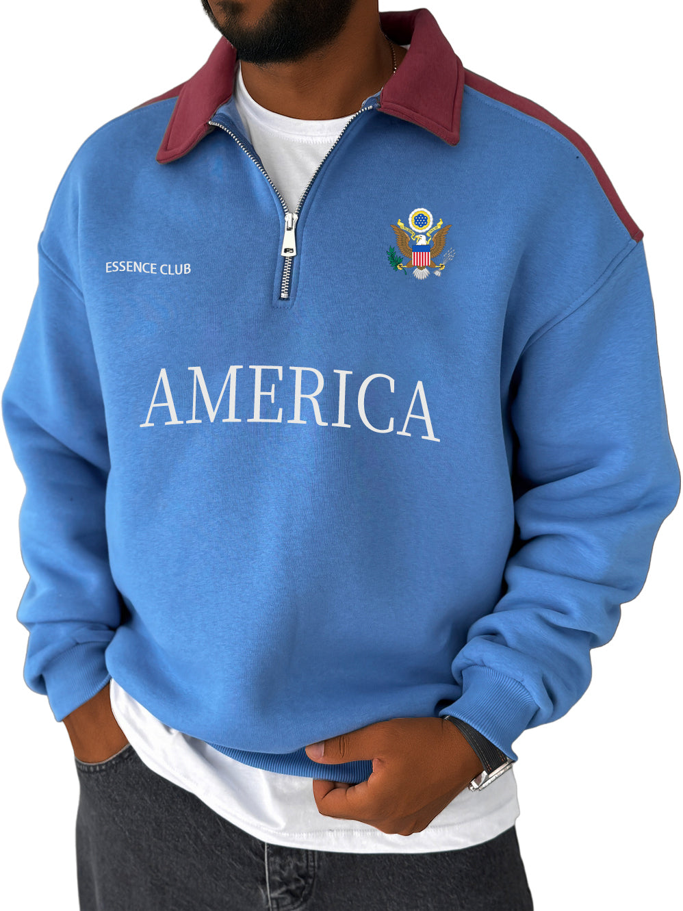 Men's Stylish Vintage American Print Contrast Zipper Sweatshirt