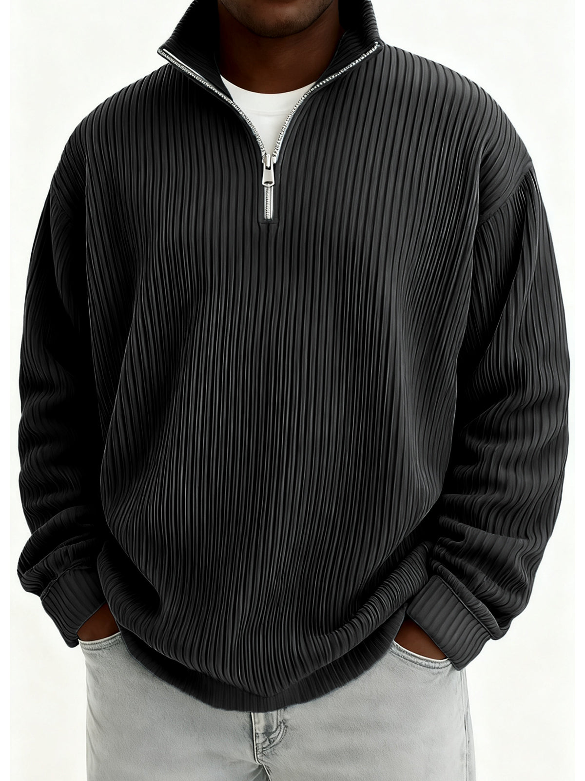 Men's Quarter-Zip Stylish Pleated Ribbed Pullover