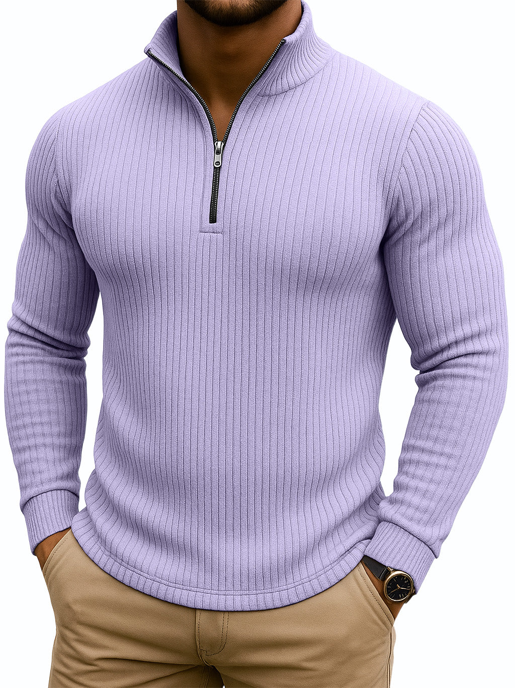 Men's Retro Casual Solid Color Striped Stand-up Collar Quarter-Zip Sweatshirt