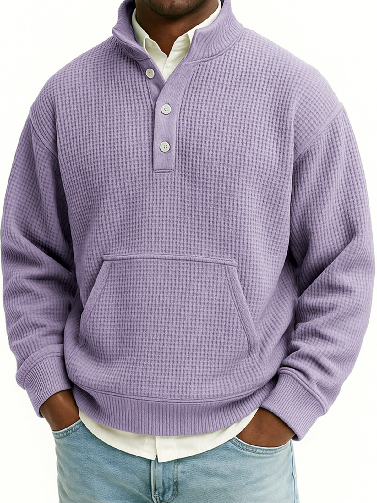 Men's Waffle Quarter Zip Stand Collar Sweatshirt with Kangaroo Pockets