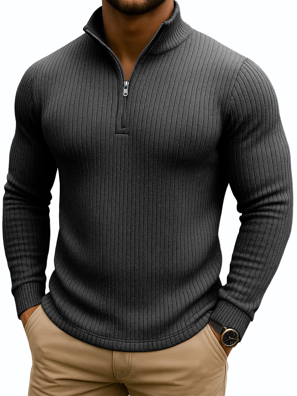 Men's Retro Casual Solid Color Striped Stand-up Collar Quarter-Zip Sweatshirt