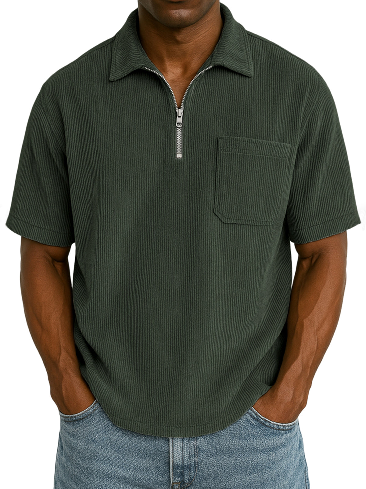 Men's Stylish Ribbed Pit Corduroy Quarter-Zip Casual Short Sleeve POLO Shirt