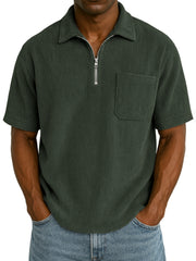 Men's Stylish Ribbed Pit Corduroy Quarter-Zip Casual Short Sleeve POLO Shirt