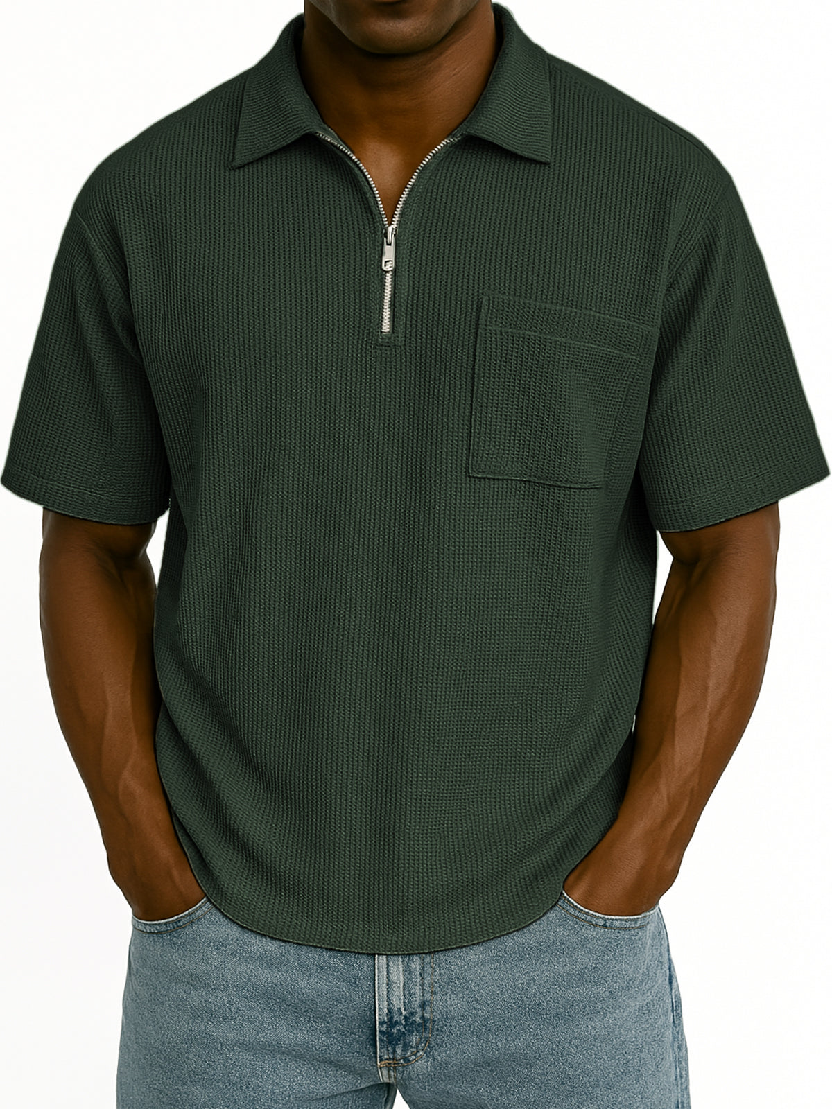 Men's Comfort Waffle Quarter Zip Fashion Casual POLO Shirt with Chest Pocket