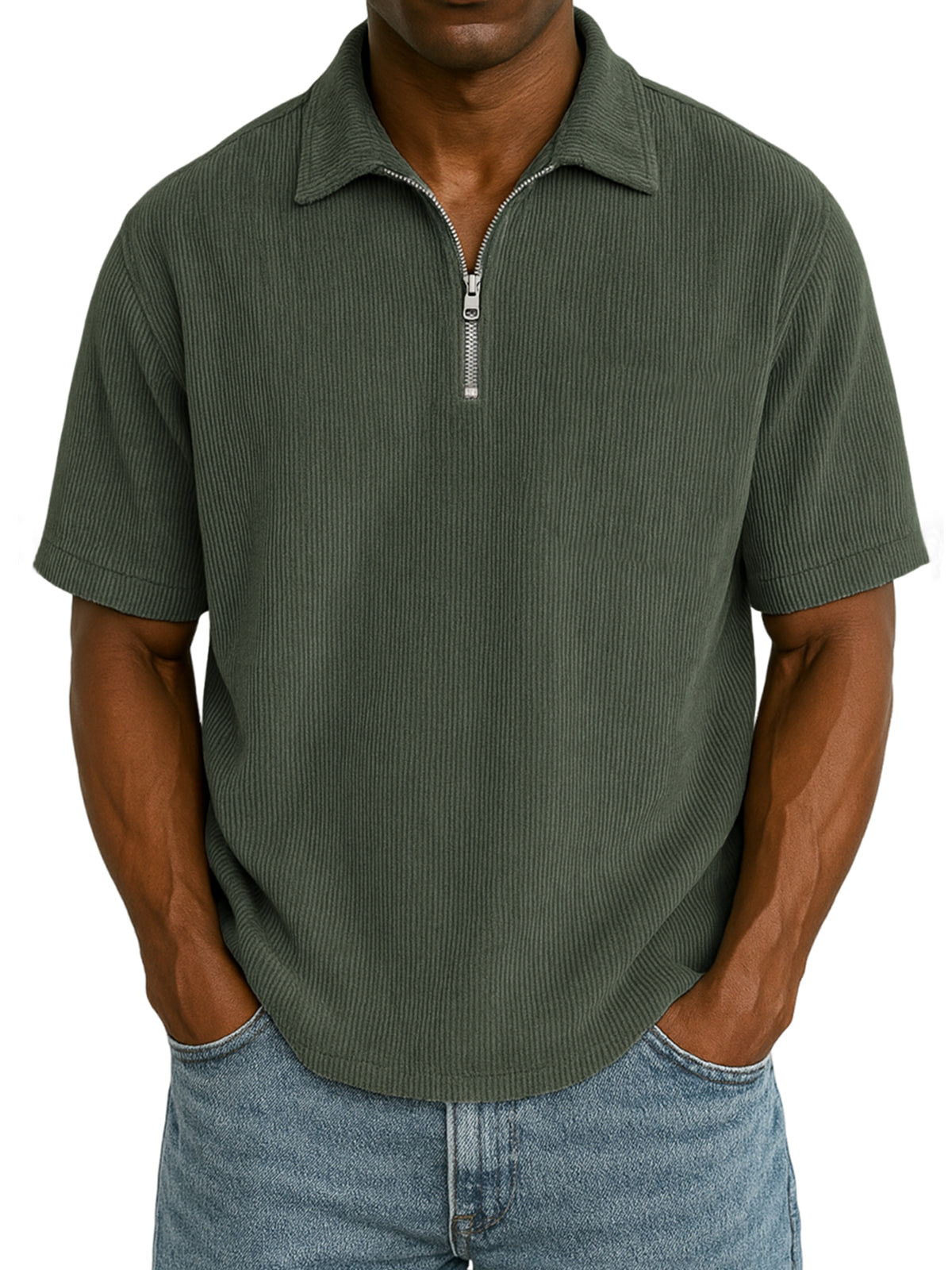Men's Stylish Rib Corduroy Quarter-Zip Casual Short Sleeve POLO Shirt