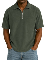 Men's Stylish Rib Corduroy Quarter-Zip Casual Short Sleeve POLO Shirt
