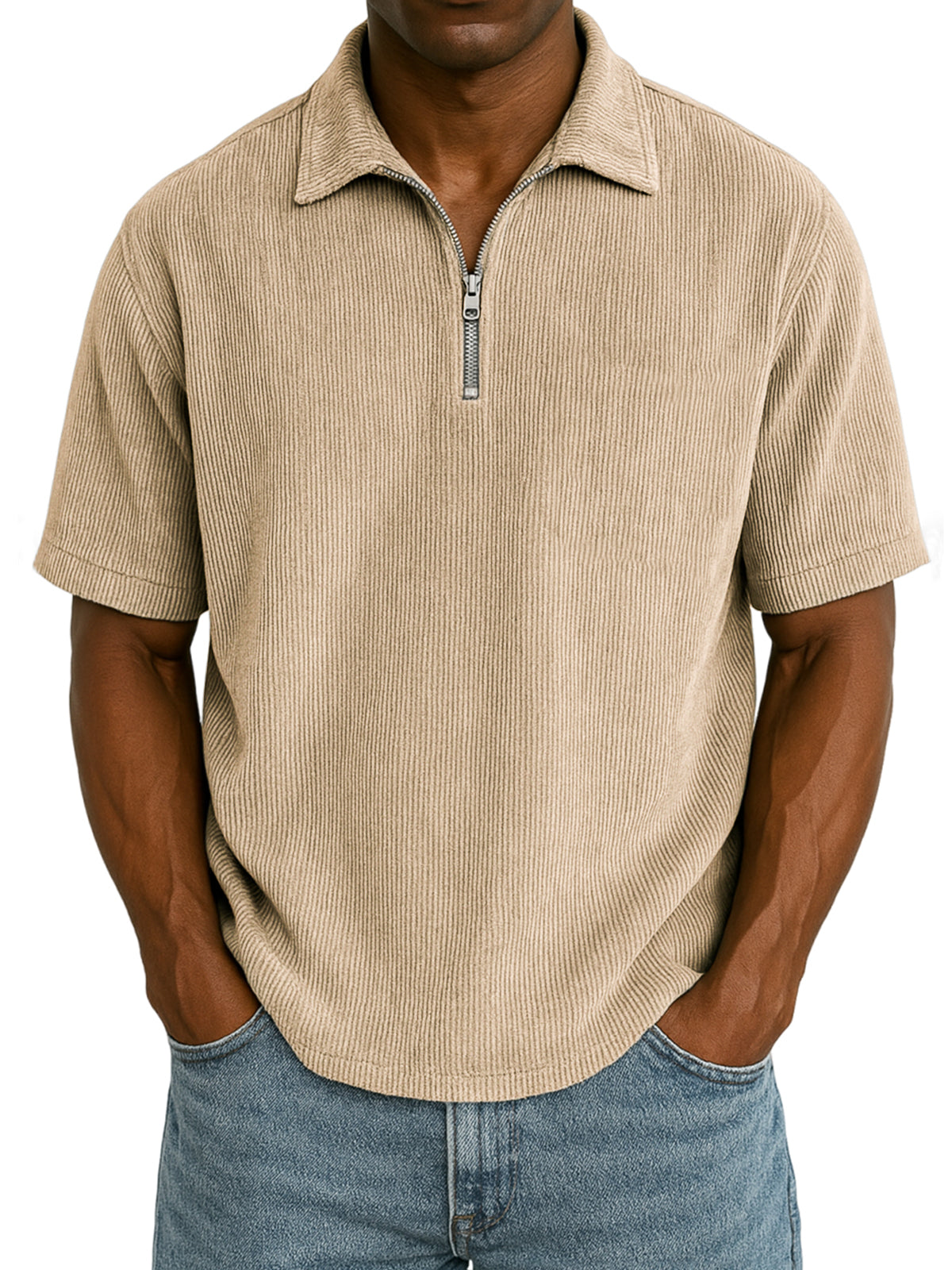 Men's Stylish Rib Corduroy Quarter-Zip Casual Short Sleeve POLO Shirt