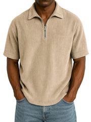 Men's Stylish Rib Corduroy Quarter-Zip Casual Short Sleeve POLO Shirt