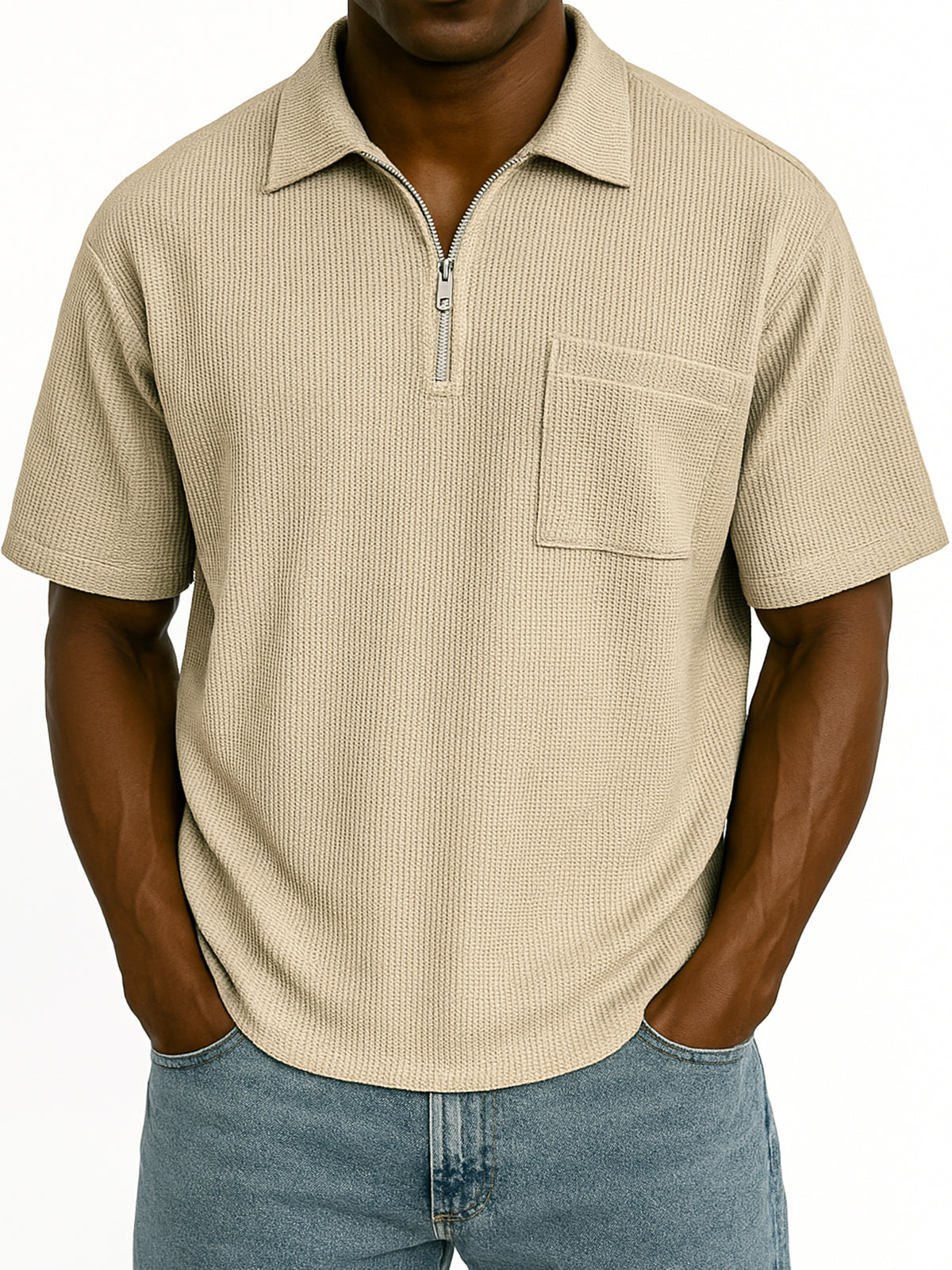 Men's Comfort Waffle Quarter Zip Fashion Casual POLO Shirt with Chest Pocket