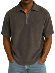 Men's Stylish Rib Corduroy Quarter-Zip Casual Short Sleeve POLO Shirt