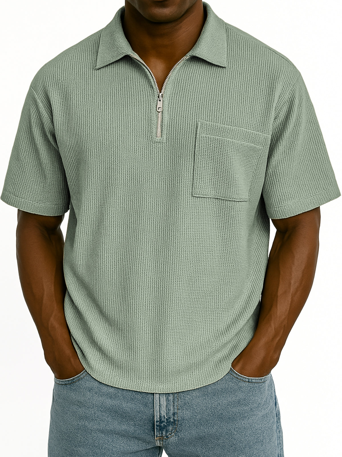 Men's Comfort Waffle Quarter Zip Fashion Casual POLO Shirt with Chest Pocket