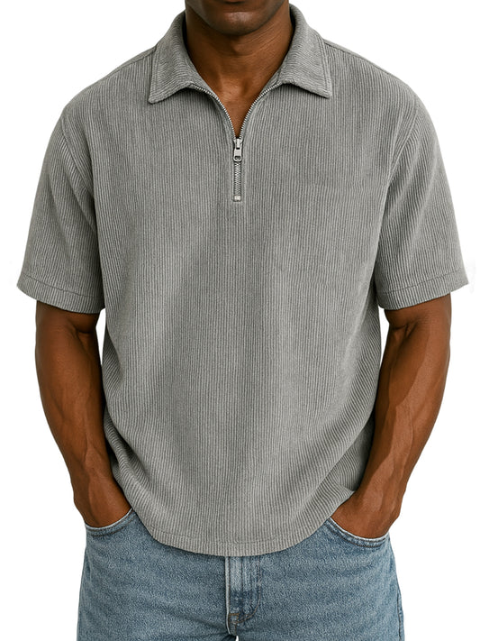 Men's Stylish Rib Corduroy Quarter-Zip Casual Short Sleeve POLO Shirt