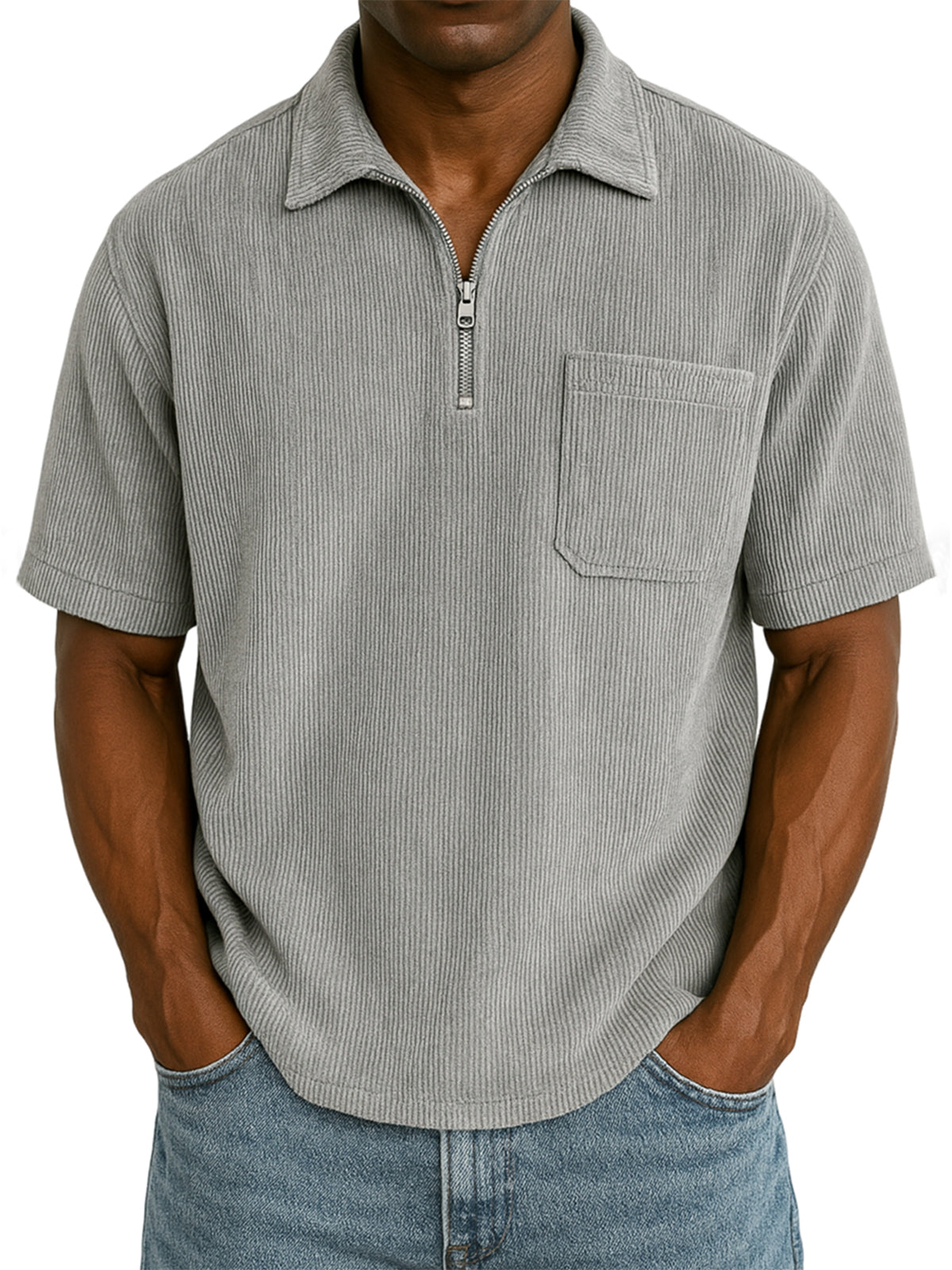 Men's Stylish Ribbed Pit Corduroy Quarter-Zip Casual Short Sleeve POLO Shirt