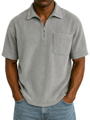 Men's Stylish Ribbed Pit Corduroy Quarter-Zip Casual Short Sleeve POLO Shirt